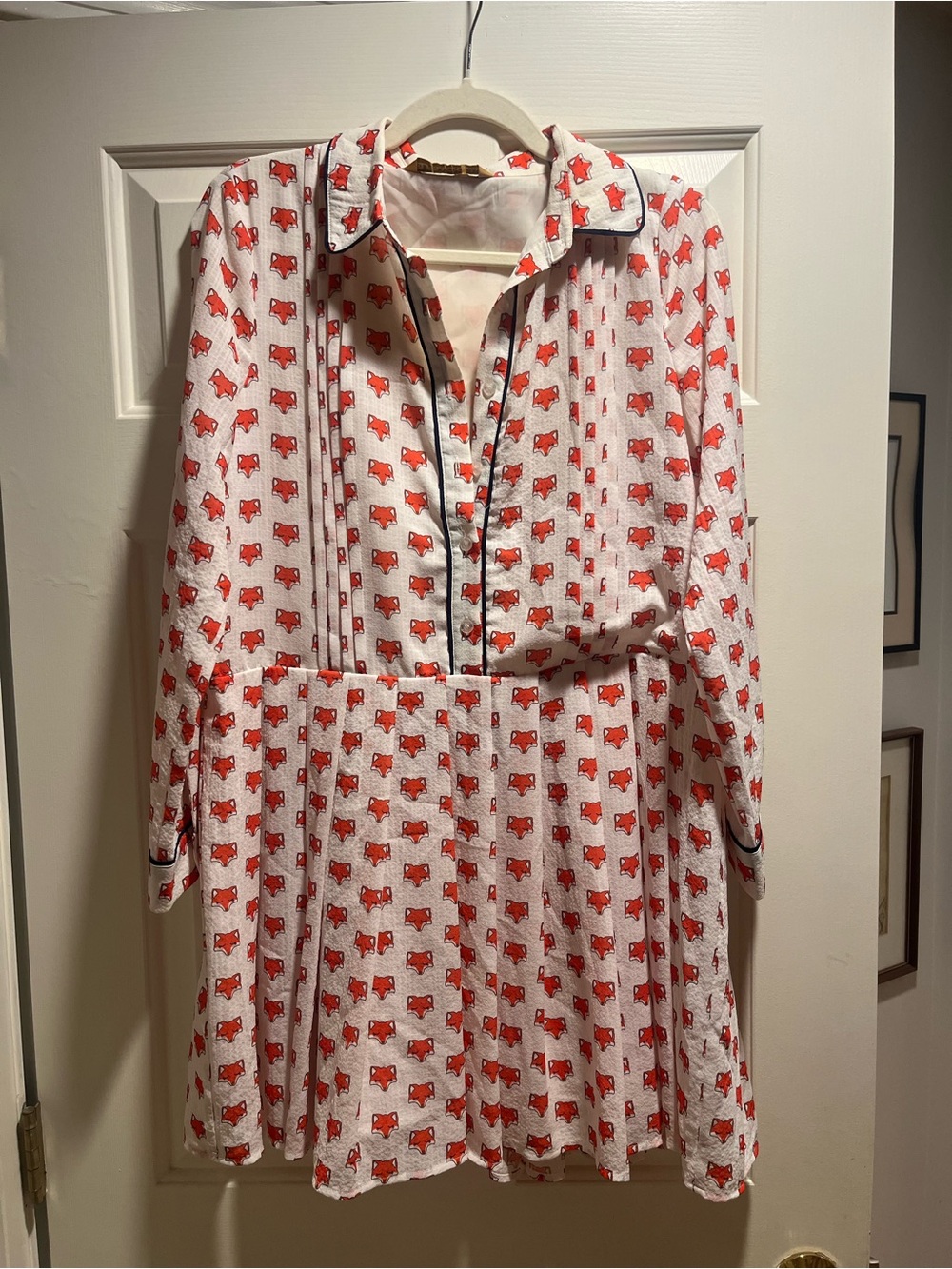 Fox Print Button Up Drop Waist Pleated Shirt Dress